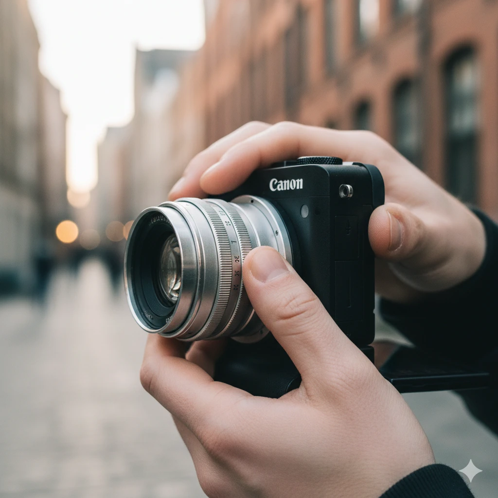 Photographer Adjusting Vintage Industar 50-2 Lens On Modern Canon Camera
